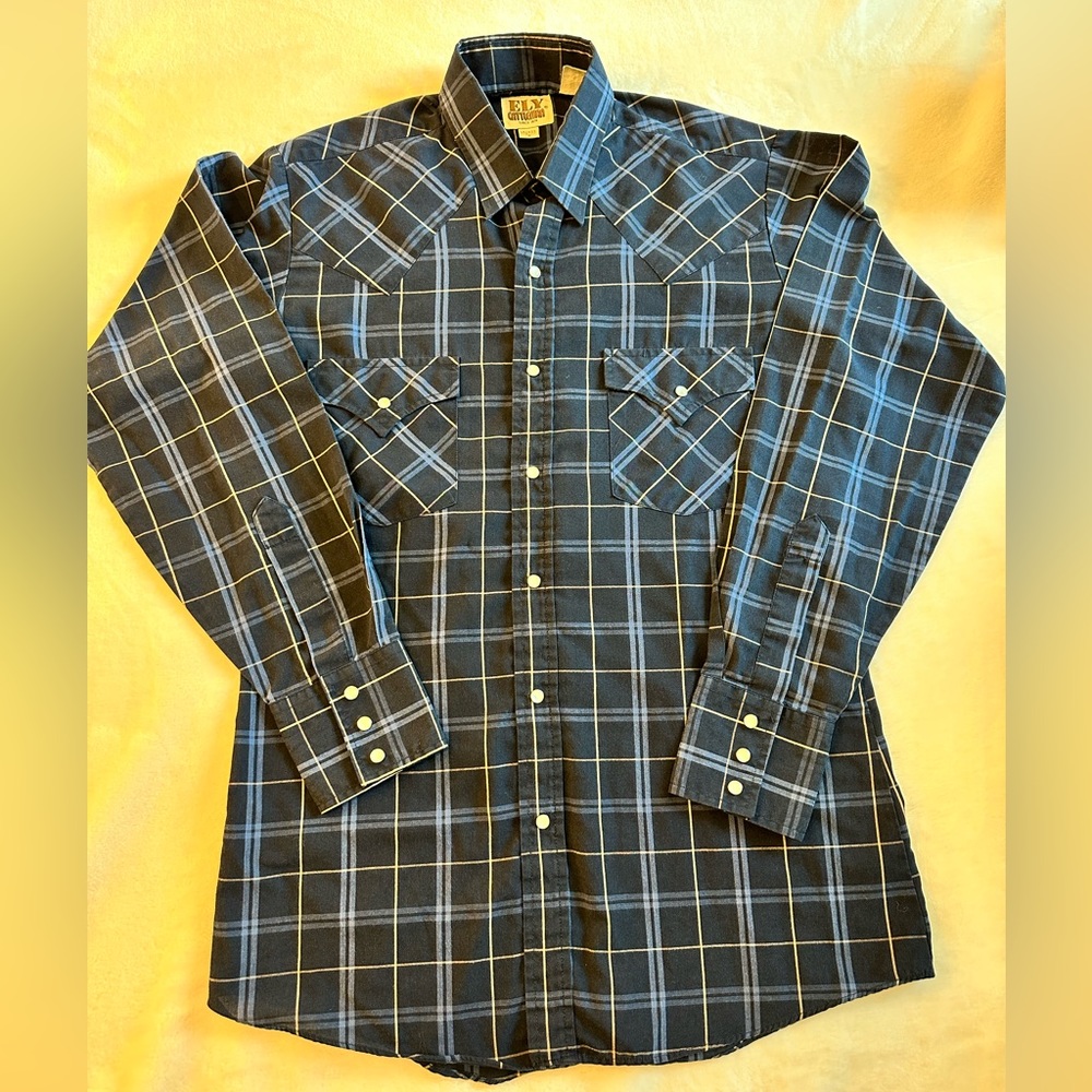 Ely Cattleman Men's Long Sleeve Snap Front Textured Blue Plaid 14 1/2 x 33 Small